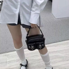 Lunivop Y2k Grunge Black Messenger Bag Women Vintage Pu Leather Handle Pocket Hand Bag Female Moto Biker Casual Crossbody Bags