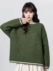Lunivop Cute Retro Green Sweaters Women Preppy Style Loose O Neck Long Sleeve Knitted Jumper Japan Vintage Sweet Female Simple Pullovers