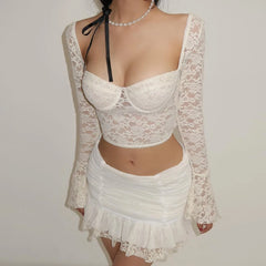 Lunivop Lace Long Sleeve Square Collar High Waist Crop Top Mini Skirt Women'S Sets Elegant Evening Party Casual Clothes