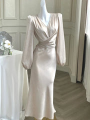 Lunivop Elegant Bodycon Satin Midi Dresses for Women Autumn Lantern Sleeve V-Neck Lace-up Mermaid Evening Party Dress Robe Vestidos New