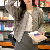 Lunivop Vintage Long Sleeve Cardigan Women Sweater O-neck Elegant Knitted Top Fashion Autumn Grey Knitwear