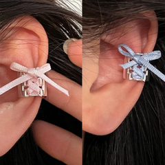 Lunivop New Romantic Sweet Pink Ribbon Bowknot Metal Ear Clip Gothic Y2K Cute Egirl Harajuku Lolita Aesthetic 2000s Jewelry Accessories