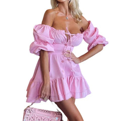 Lunivop Short Sexy Sleeve Mini Dress Women Summer Slash Neck Off Shoulder Bow Elegant Party Single Breasted Dresses for Women