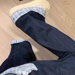 Lunivop Fall Winter New Women's Wide Leg Floor Length Jeans Featuring Letter Embroidery Bow and Checkered Stitching