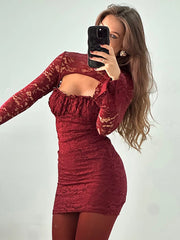 Lunivop Turtleneck Sexy Hollow Out Lace Women Dress Black Flare Sleeve A-line Dress Femme Spring Skinny Elegant Party Club Dress