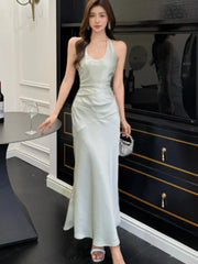 Lunivop Elegant Satin Solid Women's Dresses Sexy Halter V-neck Female Clothing Formal Occasion New Sleeveless Evening Party Long Dress