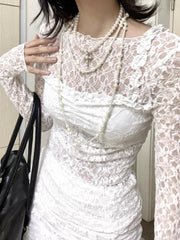 Lunivop Sexy See Through Lace T-Shirts Women Coquette Sweet Elegant Tops Y2k Solid Streetwear Long Sleeve T-Shirts Aesthetics