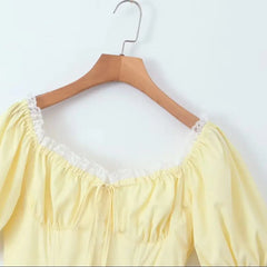 Lunivop Sweet Yellow Splice Lace Bodycon Corset style Mini Dress Women Cross Lacing up Bandage Back Short Puff Sleeve Party Robe