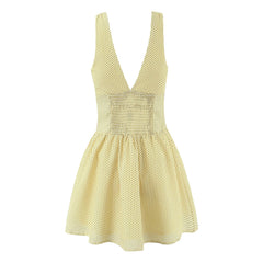 Lunivop Sweet Yellow Polka Dot Print Spliced White Lace V collar Tank Dress Women Open Buttons Low Waist A-line Sleeveless Vestidos Robe