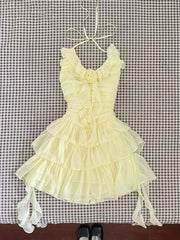 Lunivop Slim Sweet Ruffles Dress Women Fashion 3D Floral Casual Elegant Mini Dress Summer Sexy Sleeveless Lady Yellow Cake Vestidos