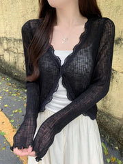 Lunivop Lace Trim One Button Long Sleeve Crop Top Women Short Sleeve Open Front Ribbed Knit Cardigan Sweater Summer Fairycore Outfit