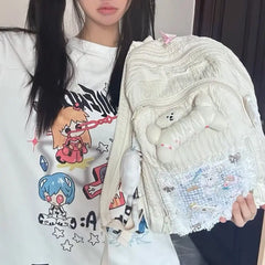 Lunivop Hot Girls Y2k Backpacks Women Harajuku Aesthetic Bear Bone Lace Large Capacity Schoolbag Ladies Vintage White Mochila