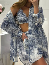 Lunivop Retro Ink Shirt Three-piece Shorts Suit Women's Summer Casual Long Sleeve Button Print Fashion Shirt with Shorts Suit