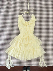 Lunivop Slim Sweet Ruffles Dress Women Fashion 3D Floral Casual Elegant Mini Dress Summer Sexy Sleeveless Lady Yellow Cake Vestidos