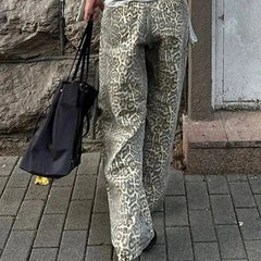 Lunivop Leopard Jeans Women Y2k American Wide Leg Pants High Waisted Korean Style Retro Baggy Jeans Loose Oversized Straight Trousers