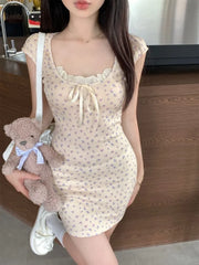 Lunivop Dresses Women Floral Printed Sleeveless Ruffles Patchwork Slim Bow Summer Fashion Mini Dress Female Casual Sweet