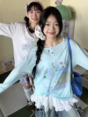 Lunivop T Shirts Women Cartoon Printed Long Sleeve Sweet Summer Fashion Loose Tops Preppy Style Female Casual Tshirt Chic