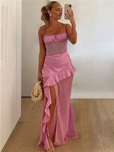 Lunivop Ruffled Patchwork Summer Long Dress For Women Backless Slim See-Through Halter Dresses Women's Spaghetti Maxi Dress 