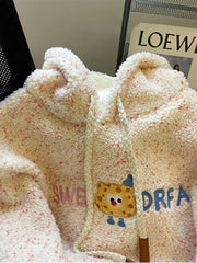 Lunivop Winter Faux Lamb Sweet Coat Women Cute Cartoon Embroidery Warm Jacket Casual Loose Long Sleeve Korean Fashion Hooded Tops