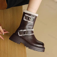 Lunivop Winter Shoes Women Snow Boots Thick Sole Warm Plush Winter Shoes Ladies PU Leather Suede Women Fashion Buckle Ankle Boots