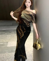 Lunivop Dresses Women Vintage Sexy Floral Printed Slash Neck Off Shoulder Slim Elegant Party Dress Female Fashion Temperament