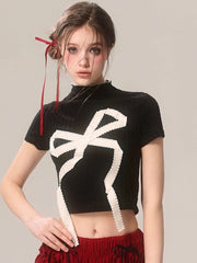 Lunivop Cropped Slim Y2K T Shirt Women Streetwear Bow Print Sexy Short Sleeve Tees Vintage American Gothic Harajuku Black Tops New