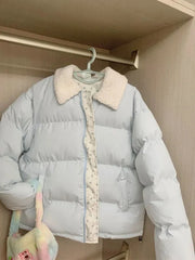 Lunivop Blue Floral Patchwork Parkas Women Korean Sweet Winter Warm Puffy Coat Casual Long Sleeve Loose Preppy Style Cotton Jacket