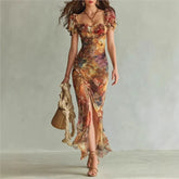 Lunivop Floral Maxi Dress Woman Sexy Square Collar Ruched Split Bodycon Long Dress New Summer Puff Sleeve Ruffle Party Dress