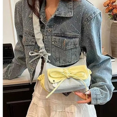 Lunivop Sweet Cool Denim Shoulder Bags Women Harajuku Bow Chic Cute Y2k Handbag Purse Ladies Casual Blue Underarm Bag Aesthetic