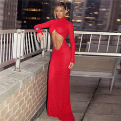 Lunivop Sexy Cut Out Backless Red Party Dress Women Elegant Luxury Turtleneck Long Sleeve Maxi Dresses Evening Gown