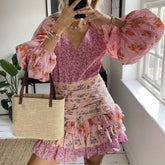 Lunivop Holiday Contrast Color Floral Print Lantern Sleeve Mini Dress Bow Sashes Ruched Pleated Waist Ruffles Hem Women Dresses Robe