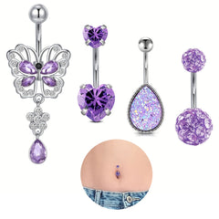 Lunivop 1-4pcs Belly Button Rings, Purple Heart Shaped Butterfly Cubic Zirconia Navel Rings, Body Piercing Jewelry, Holiday Gift