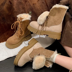 Lunivop Winter Thick Soled Snow Boots Retro Round Toe Lace Up Suede Leather Thick Cotton Shoes Women Platform Mid-calf Boots
