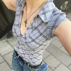 Lunivop Streetwear Contrast Color Striped Casual Short Sleeve T-Shirt Women Summer New V-Neck Button Sexy Slim All Match Crop Tops