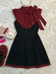 Lunivop Vintage Classic Burgundy Lace Stand Collar Flutter Sleeve Short Dress Women Elegant Waist Fit Harajuku Summer Streetwear Outfit