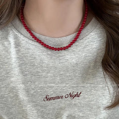 Lunivop Kpop Double Layered Red Beads Necklaces for Women Sweet Lucky Pearl Chain Necklace Aesthetic Y2K Jewelry Accessories