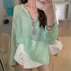 Lunivop Long Sleeve Mesh Top Pullovers Women Lightweight Sweater Sheer Knit Blouse Teen-girl Beach Cover-up Breezy Summer Casual Outfit