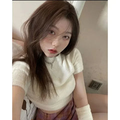 Lunivop Short High Waist Korean Solid Sweaters O-Neck Y2K Pullover Mink Cashmere Crop Tops Women Sueter Mujer Patchwork Long Sleeve