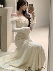 Lunivop Korean Vestidos Para Mujer Spring Autumn New Knitted Dresses For Women Slash Neck Flare Sleeve Lace Patchwork Slim Mermaid