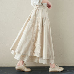 Lunivop Japanese Cotton Linen Long Skirts Women Vintage Embroider Lace Up A-line Sweet Elastic Hight Waist Lolita Female Pleated Skirt