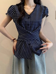 Lunivop Plaid Vintage Blouse Women V Neck Slim Design Back Bandage Shirt Korean Retro Lace Patchwork Casual Summer Bow Sweet Tops