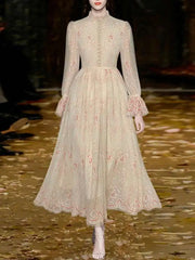 Lunivop Solid Lace Printing Design Women's Dresses Stand Collar High Waist Long Sleeve Elegant Dress Female Autumn 2025 New