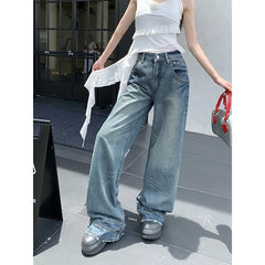 Lunivop Autumn Jeans for Women Vintage Spliced Casual Straight Loose Denim Pants 2024 New Streetwear Fashion High Waist Wide Leg Jeans