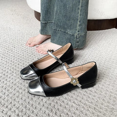 Lunivop Women's Silver Mary Jane Shoes Temperament Lightweight Single Shoes New Spring Summer Fashion Flower Buckle Leather Shoes