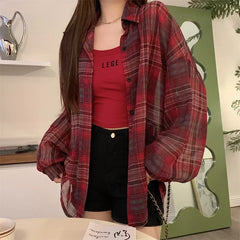 Lunivop Tops Women Sheer Chiffon Plaid Shirt Long Sleeve Button Up Collared Oversize Checked Shirts and Blouse Summer Casual Outfit
