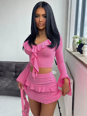 Lunivop Sexy Hot Girl Ruffled Edge Crop Top Mini Skirt Two-piece Set Slim Short Skirt Sets Beach Club Party Ladies Outfits