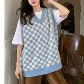 Lunivop Checkered Sweater Vest Women Blue and White Checkerboard Sleeveless Knit Top Teen-girl Y2K Preppy Style Outfit