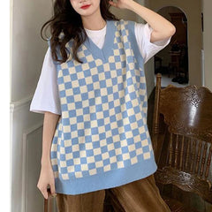 Lunivop Checkered Sweater Vest Women Blue and White Checkerboard Sleeveless Knit Top Teen-girl Y2K Preppy Style Outfit