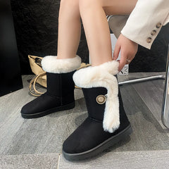 Lunivop Winter Mid-calf Boots Thick Plush Thick Sole Non-slip Fashion Solid Color Button New Women Boots Classic Retro Brown Long Boots