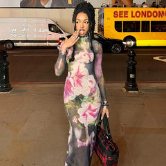 Lunivop Y2K Sexy Floral Print Backless Bandage Bodycon Mesh Sheer Party Dresses Fashion Lace-Up Long Sleeve Long Dresses Women